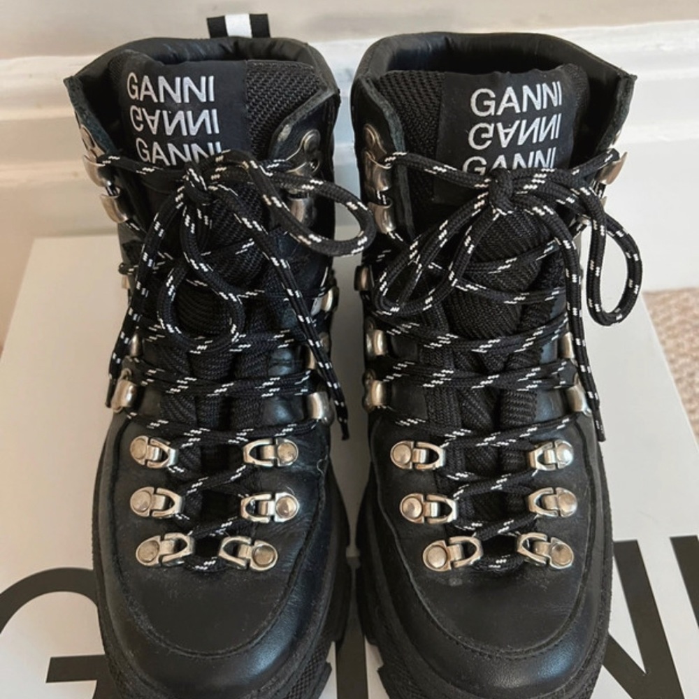 Ganni Black Chunky Lace Up Leather Hiking Hiker Boots - U.K. 4 / 5 - Picture 2 of 4